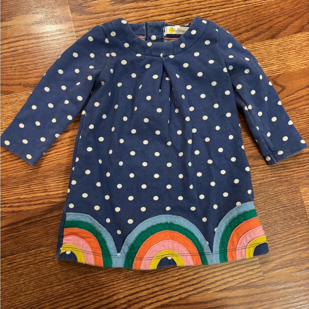 Baby Boden Blue Polka Dot Dress with Rainbow Hem